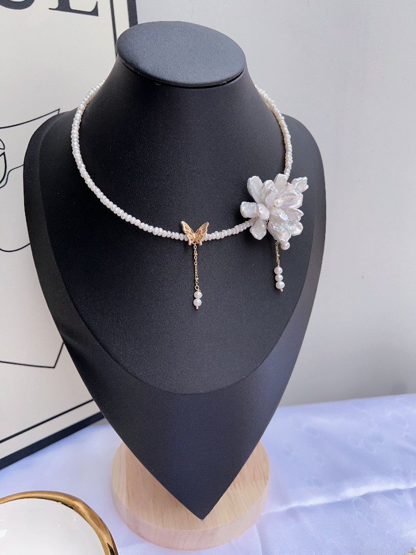 #PN1162 Freshwater Pearl Necklace| Collar|2-layer Petal Flower| Cold Blue Silver Lustre| Dangling|Retro| Niche| Temperament| Light Luxury| OOAK