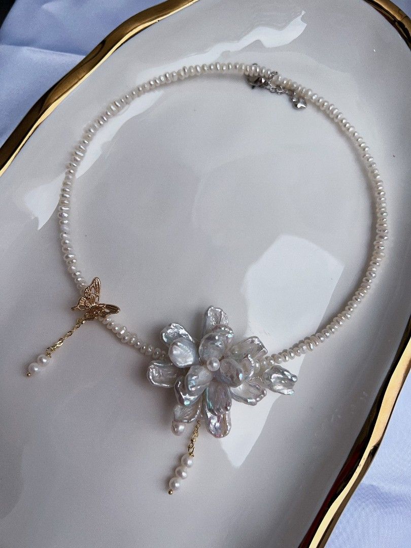 #PN1162 Freshwater Pearl Necklace| Collar|2-layer Petal Flower| Cold Blue Silver Lustre| Dangling|Retro| Niche| Temperament| Light Luxury| OOAK