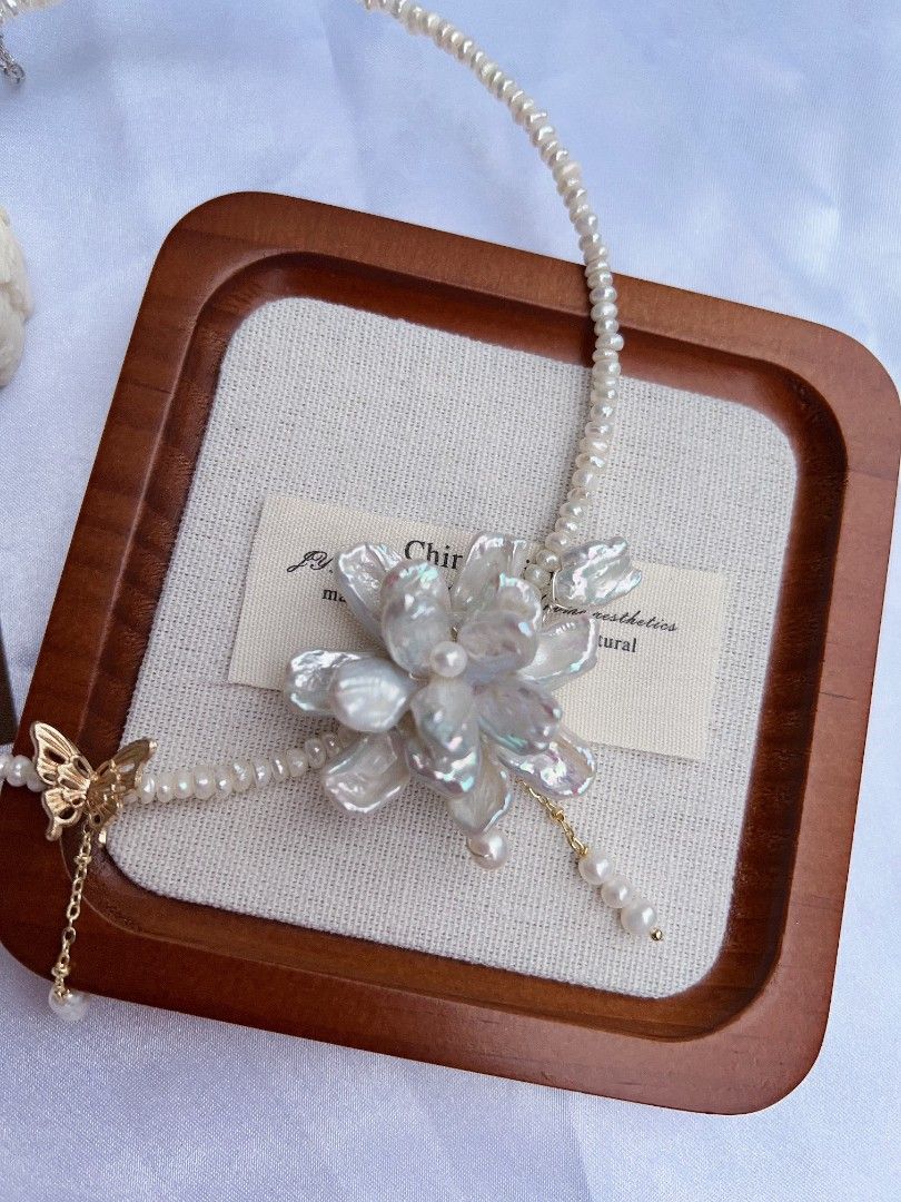 #PN1162 Freshwater Pearl Necklace| Collar|2-layer Petal Flower| Cold Blue Silver Lustre| Dangling|Retro| Niche| Temperament| Light Luxury| OOAK