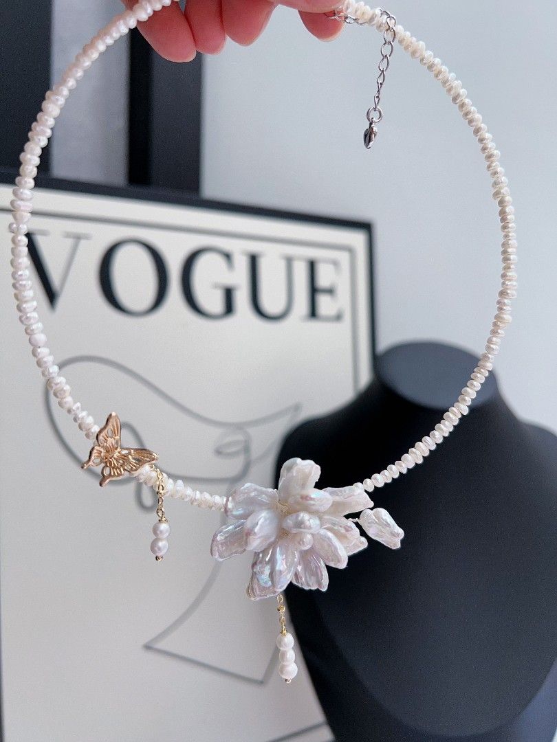 #PN1162 Freshwater Pearl Necklace| Collar|2-layer Petal Flower| Cold Blue Silver Lustre| Dangling|Retro| Niche| Temperament| Light Luxury| OOAK