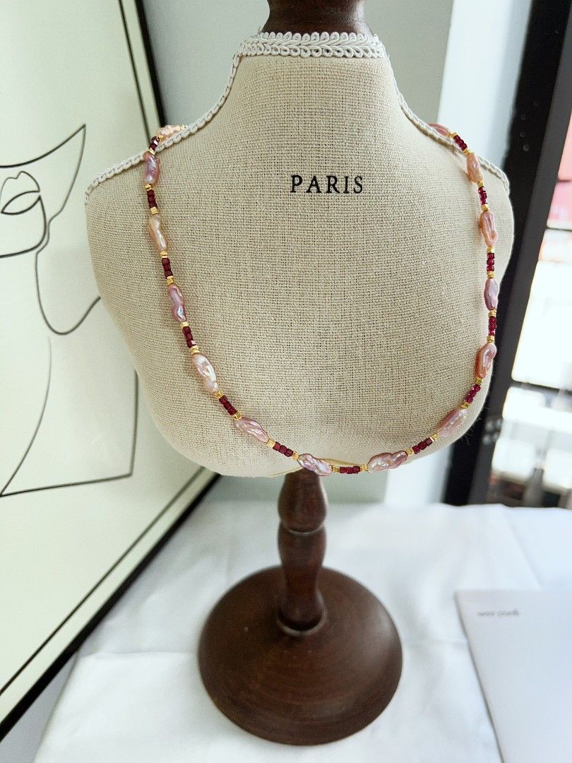 #PN1163 Freshwater Pearl Necklace| Garnet Mini Square|Lustrous Keshi Pearl| Christmas Gift 💐