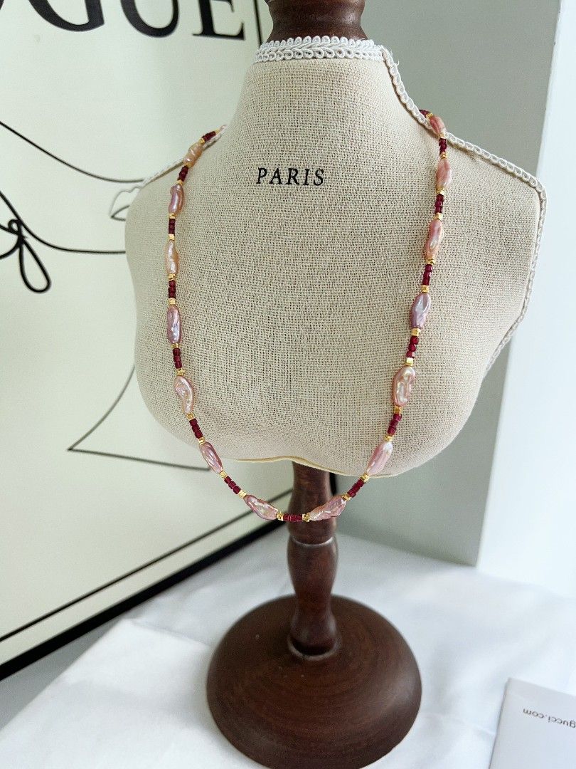 #PN1163 Freshwater Pearl Necklace| Garnet Mini Square|Lustrous Keshi Pearl| Christmas Gift 💐