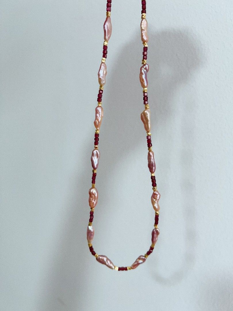 #PN1163 Freshwater Pearl Necklace| Garnet Mini Square|Lustrous Keshi Pearl| Christmas Gift 💐