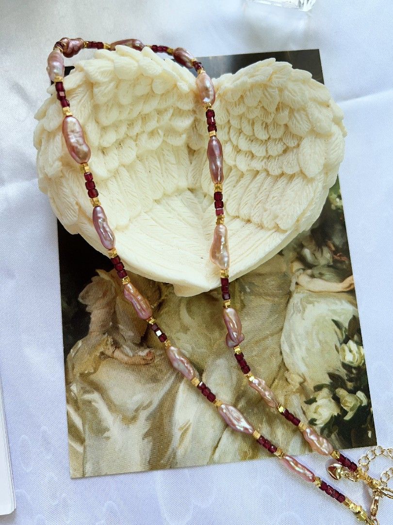 #PN1163 Freshwater Pearl Necklace| Garnet Mini Square|Lustrous Keshi Pearl| Christmas Gift 💐