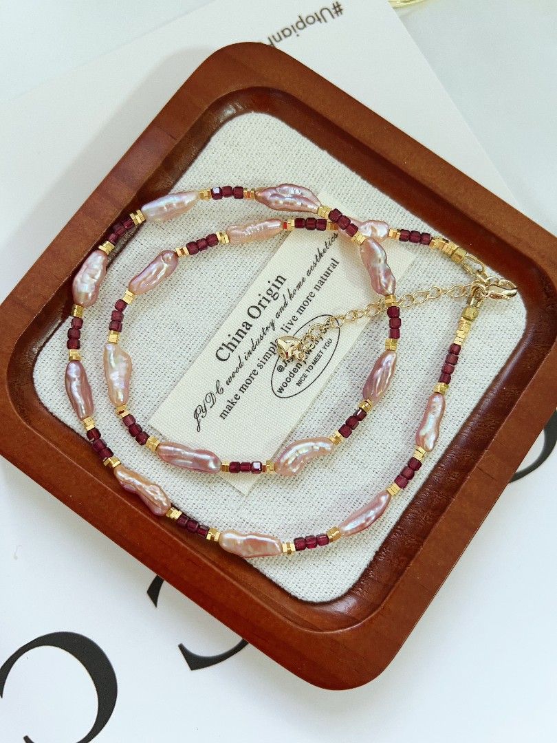 #PN1163 Freshwater Pearl Necklace| Garnet Mini Square|Lustrous Keshi Pearl| Christmas Gift 💐