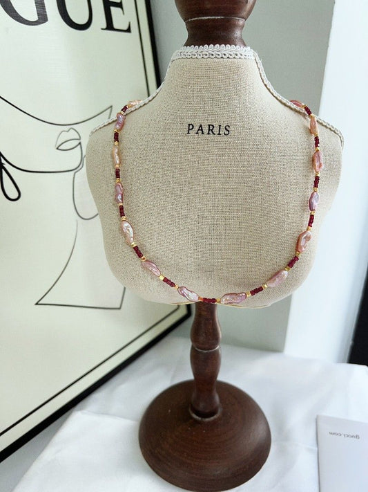 #PN1163 Freshwater Pearl Necklace| Garnet Mini Square|Lustrous Keshi Pearl| Christmas Gift 💐