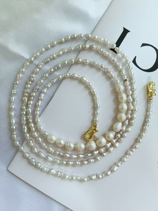 #PN1165 Freshwater Pearl Necklace| Long 3 Rounds Sweater Necklace| 4-5mm| Natural Growth Lines| Mixed Size| Multiple Wearing | Versatile| Daily Jewelry