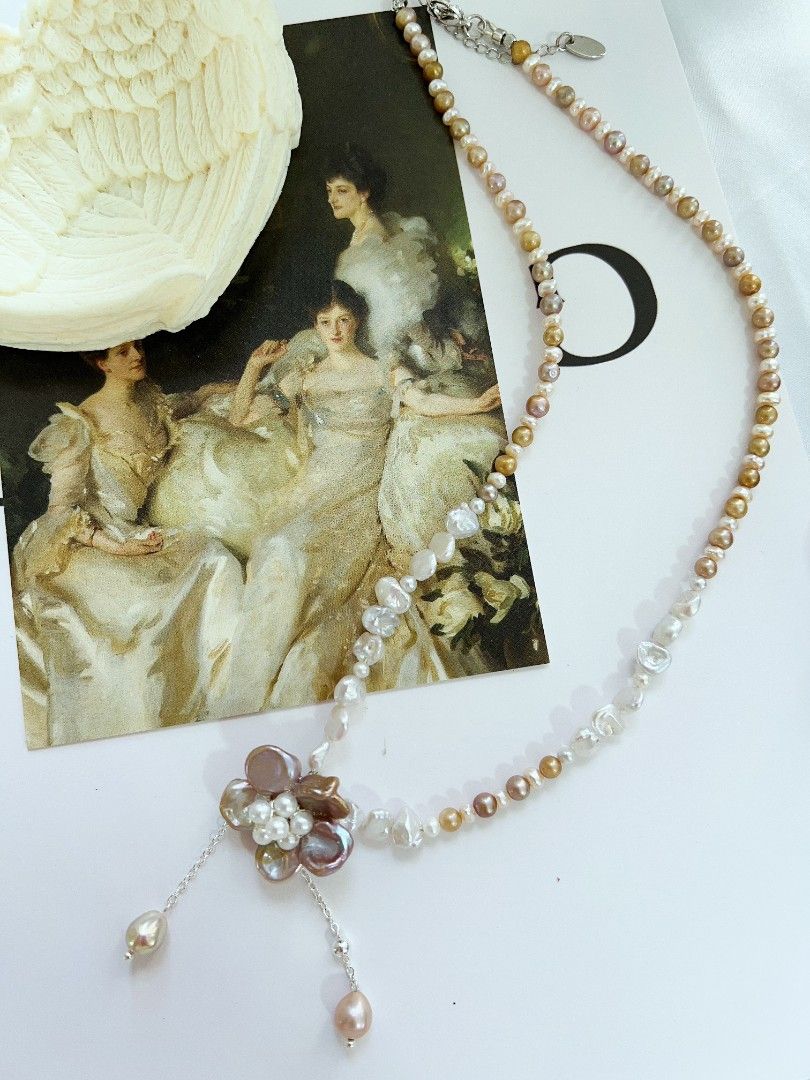 #PN1166 Freshwater Pearl Necklace| Golden Brown Baroque Pearl| Petal Flower| Dangling Design| Lustrous| Sweet Tea Themed| Vintage Style| 44+5cm| Birthday Gift 💐