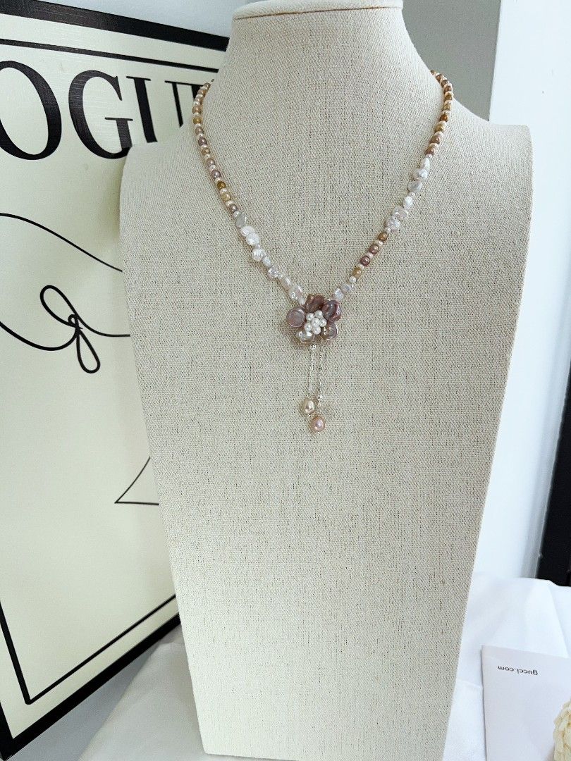 #PN1166 Freshwater Pearl Necklace| Golden Brown Baroque Pearl| Petal Flower| Dangling Design| Lustrous| Sweet Tea Themed| Vintage Style| 44+5cm| Birthday Gift 💐
