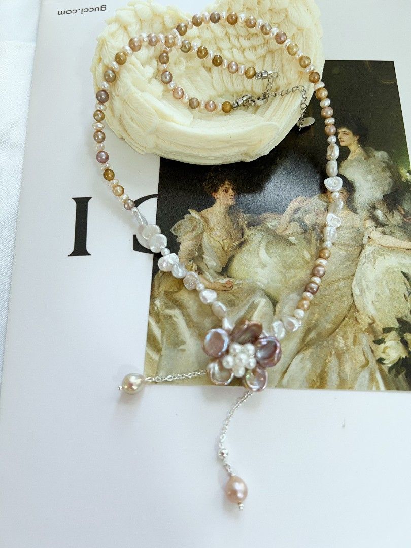 #PN1166 Freshwater Pearl Necklace| Golden Brown Baroque Pearl| Petal Flower| Dangling Design| Lustrous| Sweet Tea Themed| Vintage Style| 44+5cm| Birthday Gift 💐