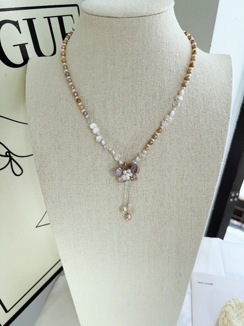 #PN1166 Freshwater Pearl Necklace| Golden Brown Baroque Pearl| Petal Flower| Dangling Design| Lustrous| Sweet Tea Themed| Vintage Style| 44+5cm| Birthday Gift 💐