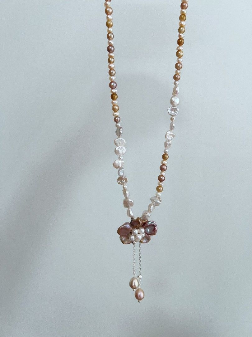 #PN1166 Freshwater Pearl Necklace| Golden Brown Baroque Pearl| Petal Flower| Dangling Design| Lustrous| Sweet Tea Themed| Vintage Style| 44+5cm| Birthday Gift 💐