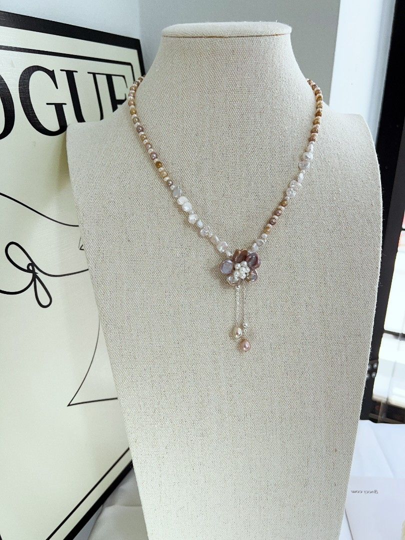 #PN1166 Freshwater Pearl Necklace| Golden Brown Baroque Pearl| Petal Flower| Dangling Design| Lustrous| Sweet Tea Themed| Vintage Style| 44+5cm| Birthday Gift 💐