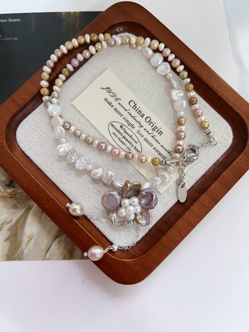 #PN1166 Freshwater Pearl Necklace| Golden Brown Baroque Pearl| Petal Flower| Dangling Design| Lustrous| Sweet Tea Themed| Vintage Style| 44+5cm| Birthday Gift 💐