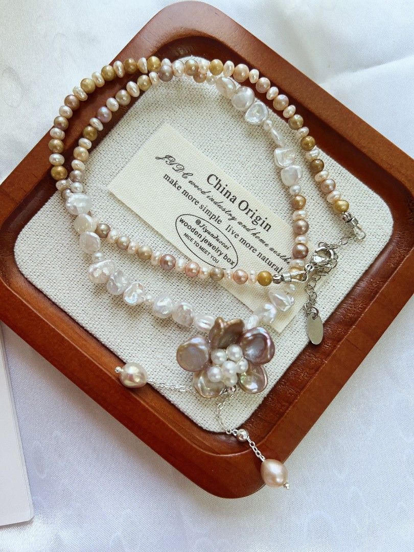 #PN1166 Freshwater Pearl Necklace| Golden Brown Baroque Pearl| Petal Flower| Dangling Design| Lustrous| Sweet Tea Themed| Vintage Style| 44+5cm| Birthday Gift 💐