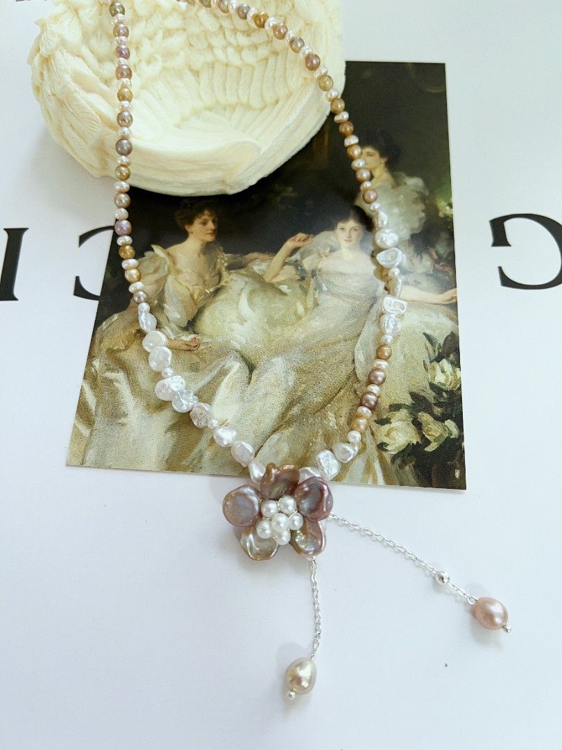 #PN1166 Freshwater Pearl Necklace| Golden Brown Baroque Pearl| Petal Flower| Dangling Design| Lustrous| Sweet Tea Themed| Vintage Style| 44+5cm| Birthday Gift 💐