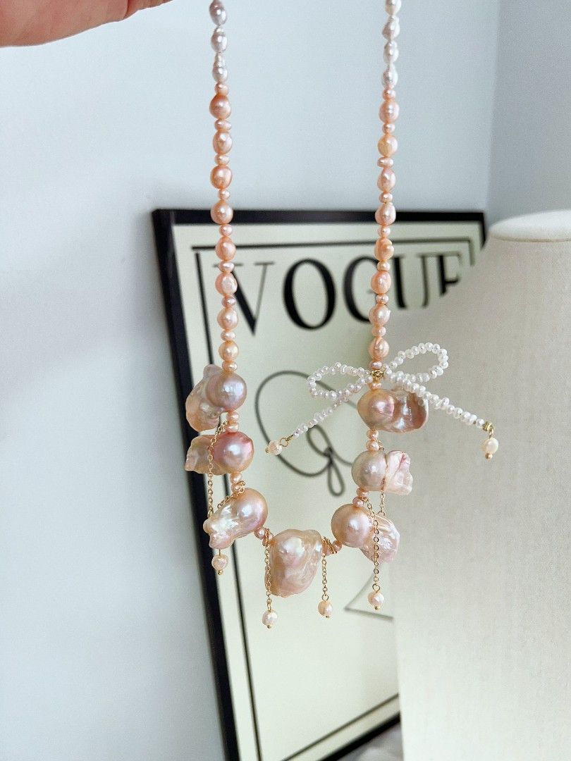 #PN1167 Freshwater Pearl Necklace| Golden Sunset 🌇| Fishtail Baroque Pearl| Lustrous| Dangling Pearl| Pearl Ribbon 🎀| Princess Vibe| Anniversary Gift 🎁