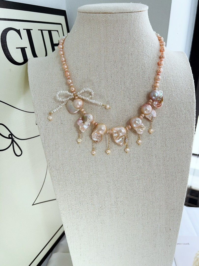 #PN1167 Freshwater Pearl Necklace| Golden Sunset 🌇| Fishtail Baroque Pearl| Lustrous| Dangling Pearl| Pearl Ribbon 🎀| Princess Vibe| Anniversary Gift 🎁