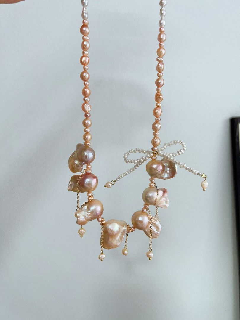 #PN1167 Freshwater Pearl Necklace| Golden Sunset 🌇| Fishtail Baroque Pearl| Lustrous| Dangling Pearl| Pearl Ribbon 🎀| Princess Vibe| Anniversary Gift 🎁
