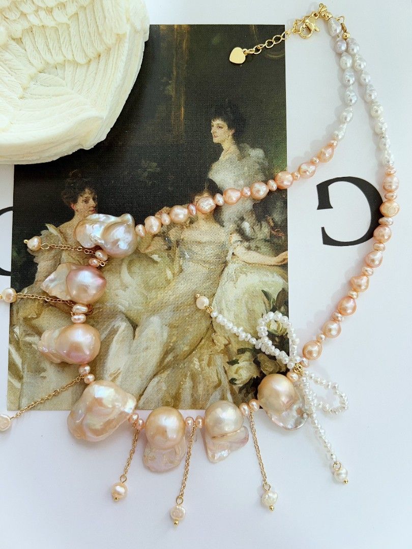 #PN1167 Freshwater Pearl Necklace| Golden Sunset 🌇| Fishtail Baroque Pearl| Lustrous| Dangling Pearl| Pearl Ribbon 🎀| Princess Vibe| Anniversary Gift 🎁
