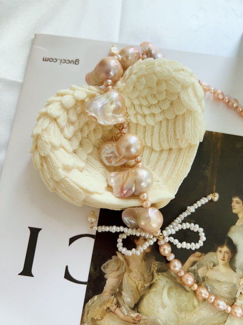 #PN1167 Freshwater Pearl Necklace| Golden Sunset 🌇| Fishtail Baroque Pearl| Lustrous| Dangling Pearl| Pearl Ribbon 🎀| Princess Vibe| Anniversary Gift 🎁