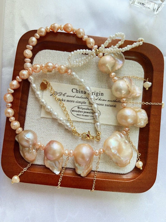 #PN1167 Freshwater Pearl Necklace| Golden Sunset 🌇| Fishtail Baroque Pearl| Lustrous| Dangling Pearl| Pearl Ribbon 🎀| Princess Vibe| Anniversary Gift 🎁