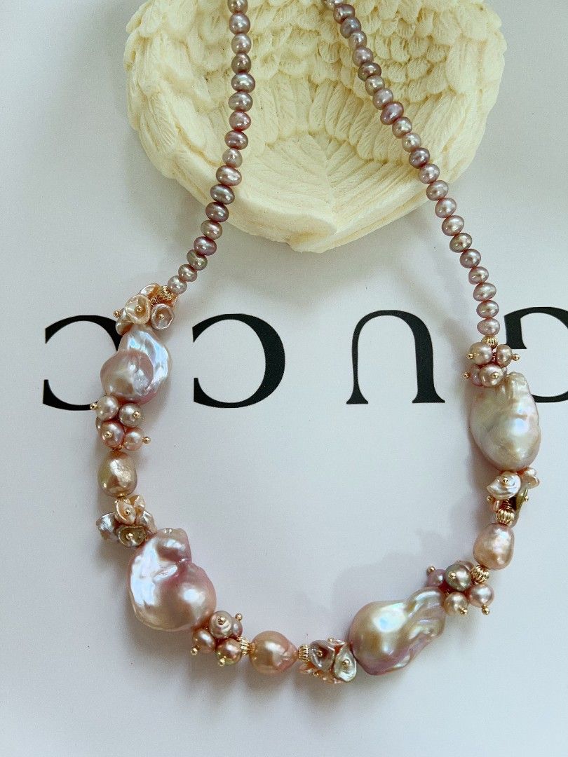 #PN1169 [Floral Series] Freshwater Pearl Necklace| Classic Fishtail Baroque Pearl with Floral Design| 51cm| Lustrous| Pink Purple Shade| Christmas Gift 💐