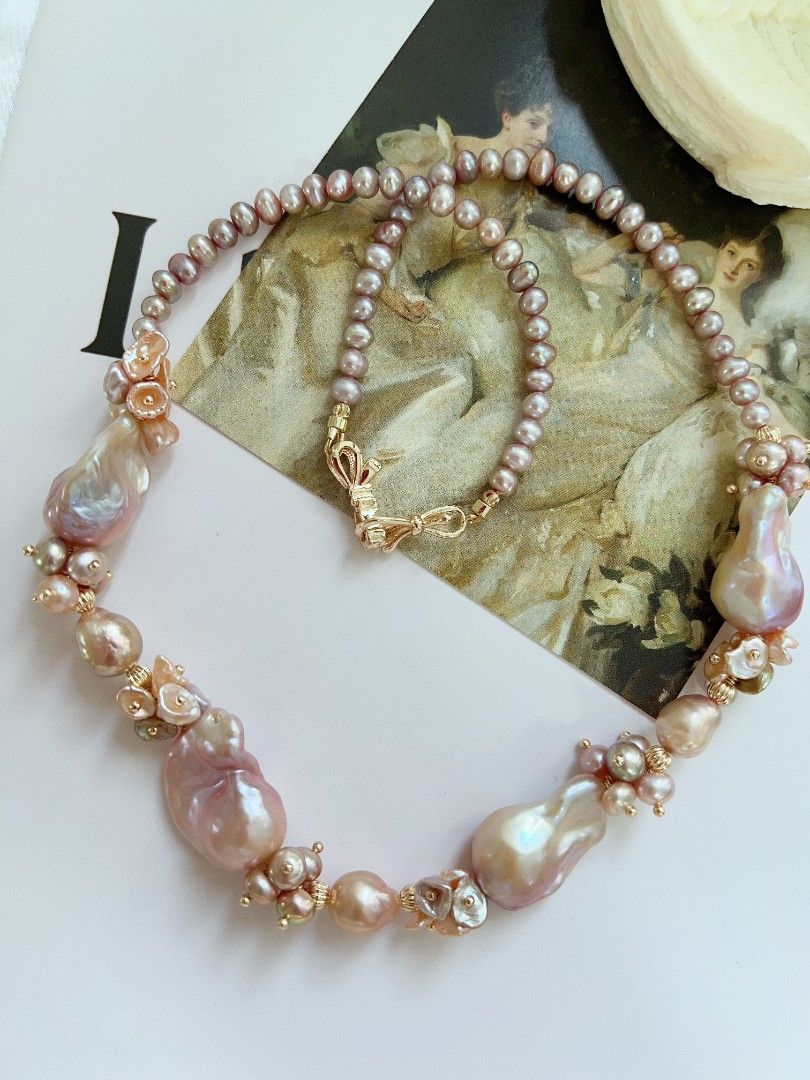 #PN1169 [Floral Series] Freshwater Pearl Necklace| Classic Fishtail Baroque Pearl with Floral Design| 51cm| Lustrous| Pink Purple Shade| Christmas Gift 💐