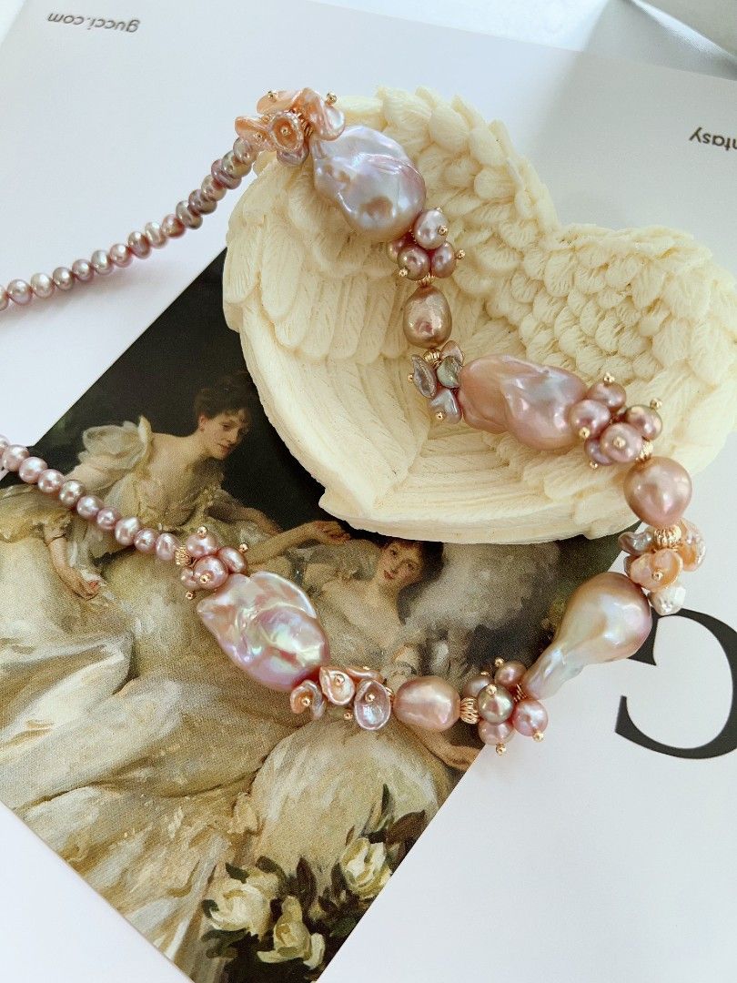 #PN1169 [Floral Series] Freshwater Pearl Necklace| Classic Fishtail Baroque Pearl with Floral Design| 51cm| Lustrous| Pink Purple Shade| Christmas Gift 💐