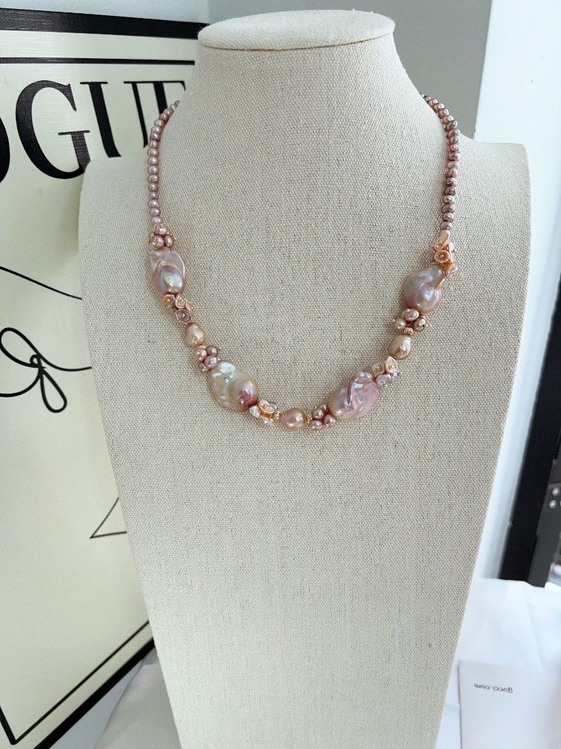 #PN1169 [Floral Series] Freshwater Pearl Necklace| Classic Fishtail Baroque Pearl with Floral Design| 51cm| Lustrous| Pink Purple Shade| Christmas Gift 💐