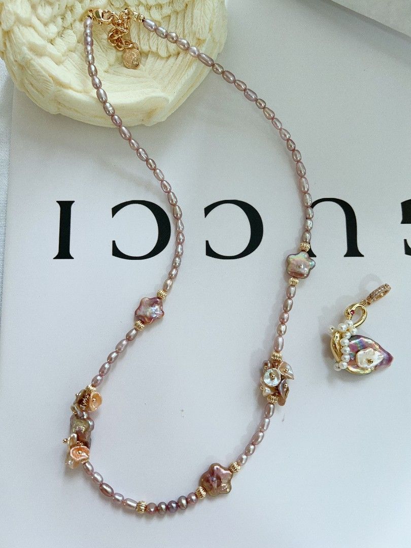 #PN1170 [Floral Series] Freshwater Pearl Necklace| Flower-wearing Swan| Detachable Pendant| ⭐ Shape Baroque| Purple Shade| 50+5cm| Wedding Gift 🎁