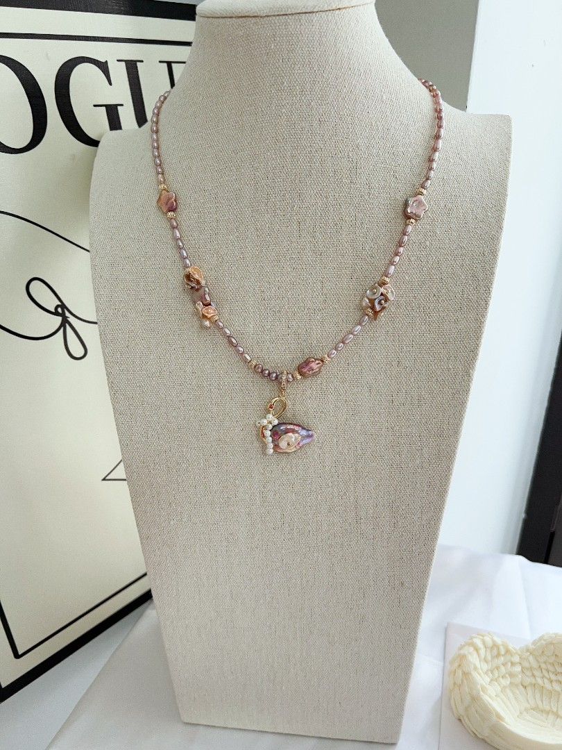 #PN1170 [Floral Series] Freshwater Pearl Necklace| Flower-wearing Swan| Detachable Pendant| ⭐ Shape Baroque| Purple Shade| 50+5cm| Wedding Gift 🎁