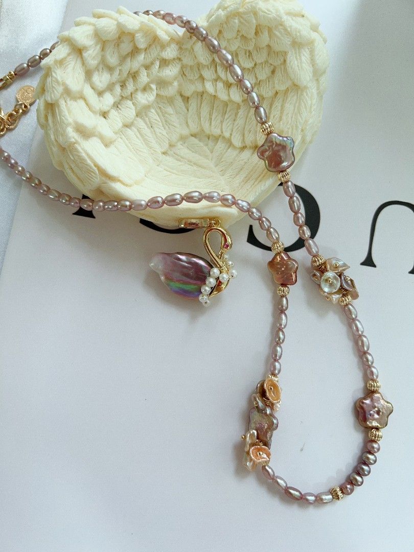 #PN1170 [Floral Series] Freshwater Pearl Necklace| Flower-wearing Swan| Detachable Pendant| ⭐ Shape Baroque| Purple Shade| 50+5cm| Wedding Gift 🎁