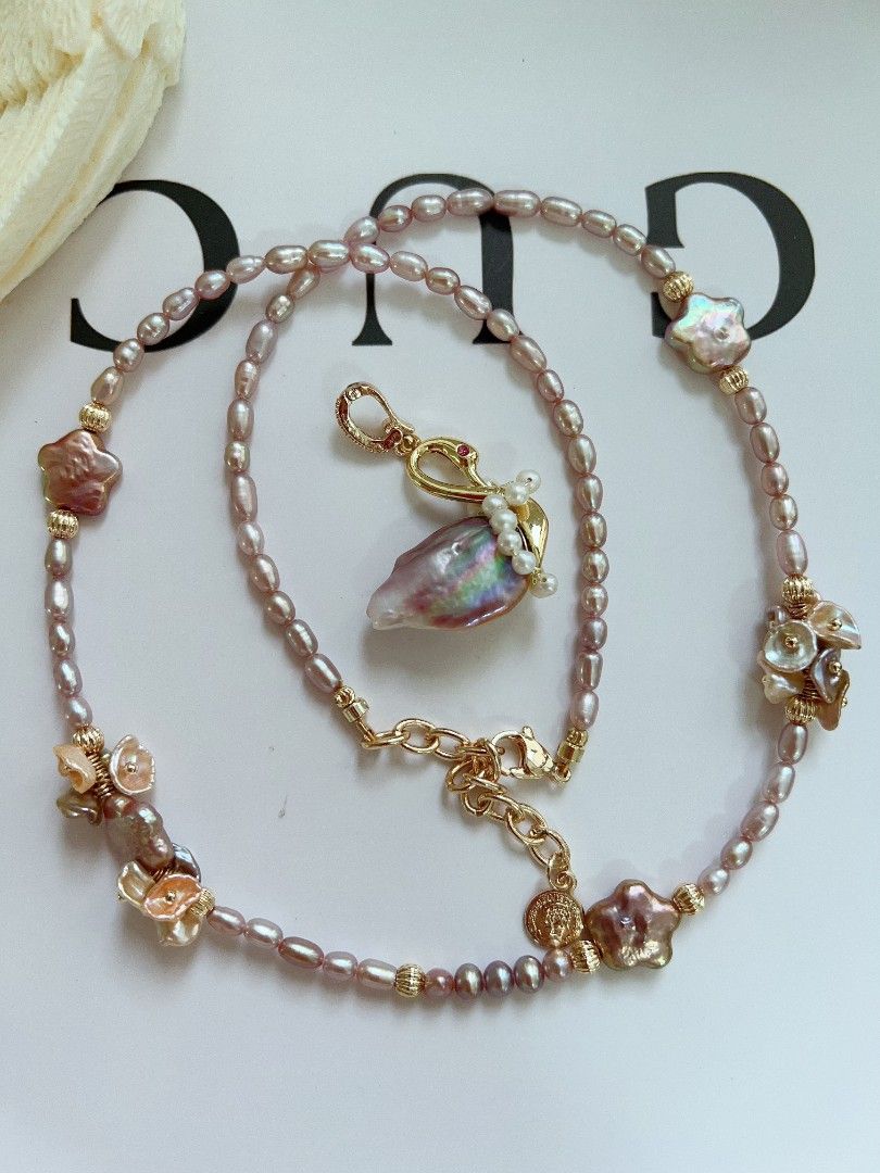 #PN1170 [Floral Series] Freshwater Pearl Necklace| Flower-wearing Swan| Detachable Pendant| ⭐ Shape Baroque| Purple Shade| 50+5cm| Wedding Gift 🎁