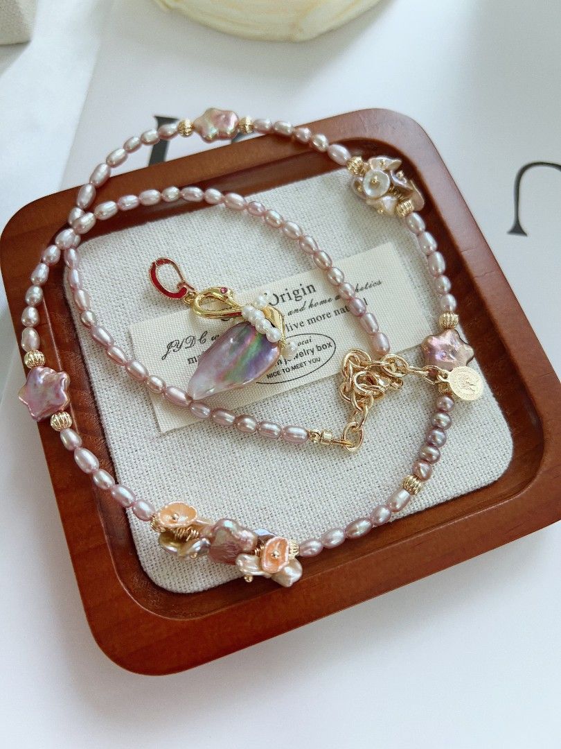#PN1170 [Floral Series] Freshwater Pearl Necklace| Flower-wearing Swan| Detachable Pendant| ⭐ Shape Baroque| Purple Shade| 50+5cm| Wedding Gift 🎁