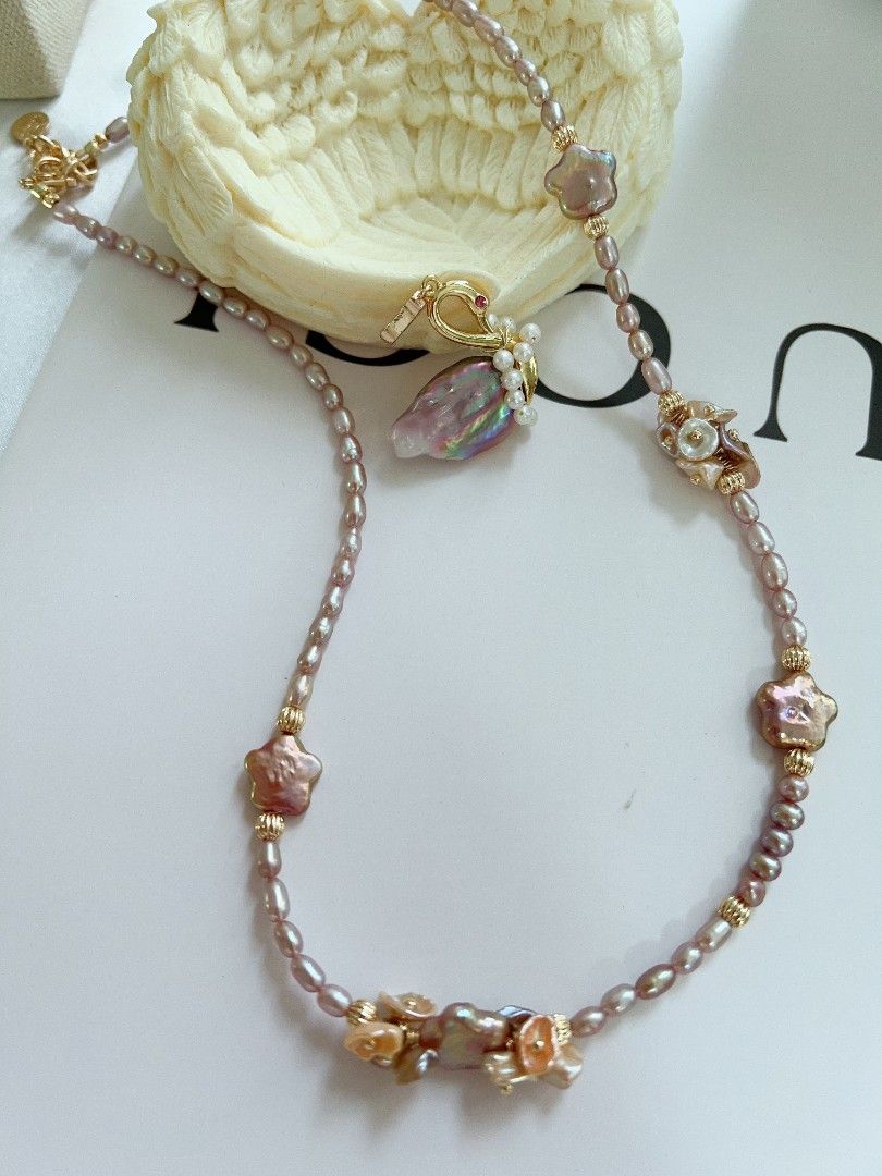 #PN1170 [Floral Series] Freshwater Pearl Necklace| Flower-wearing Swan| Detachable Pendant| ⭐ Shape Baroque| Purple Shade| 50+5cm| Wedding Gift 🎁