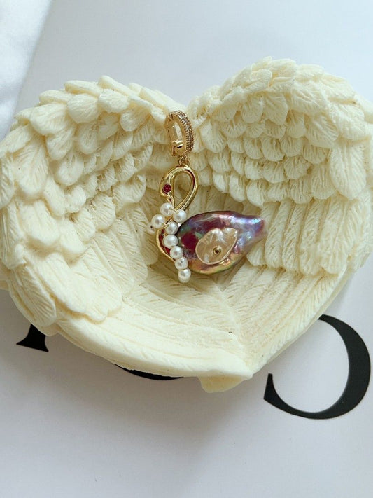 #PN1170 [Floral Series] Freshwater Pearl Necklace| Flower-wearing Swan| Detachable Pendant| ⭐ Shape Baroque| Purple Shade| 50+5cm| Wedding Gift 🎁