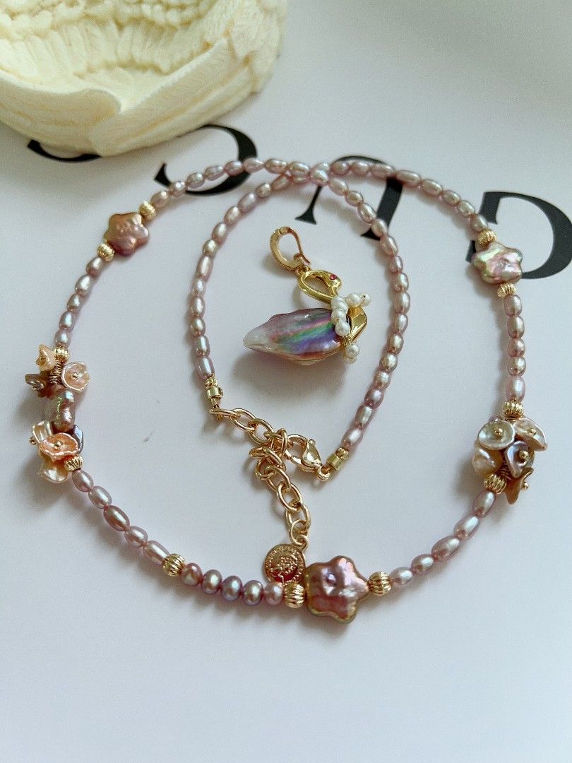 #PN1170 [Floral Series] Freshwater Pearl Necklace| Flower-wearing Swan| Detachable Pendant| ⭐ Shape Baroque| Purple Shade| 50+5cm| Wedding Gift 🎁