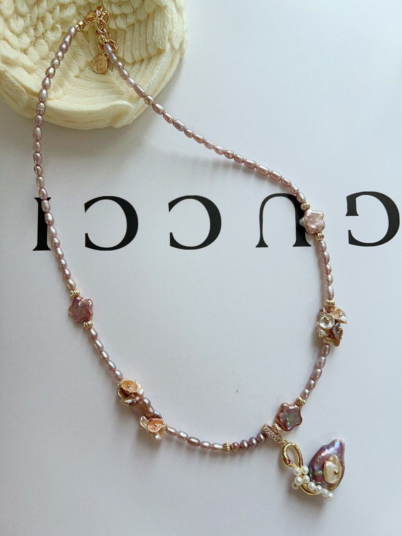 #PN1170 [Floral Series] Freshwater Pearl Necklace| Flower-wearing Swan| Detachable Pendant| ⭐ Shape Baroque| Purple Shade| 50+5cm| Wedding Gift 🎁
