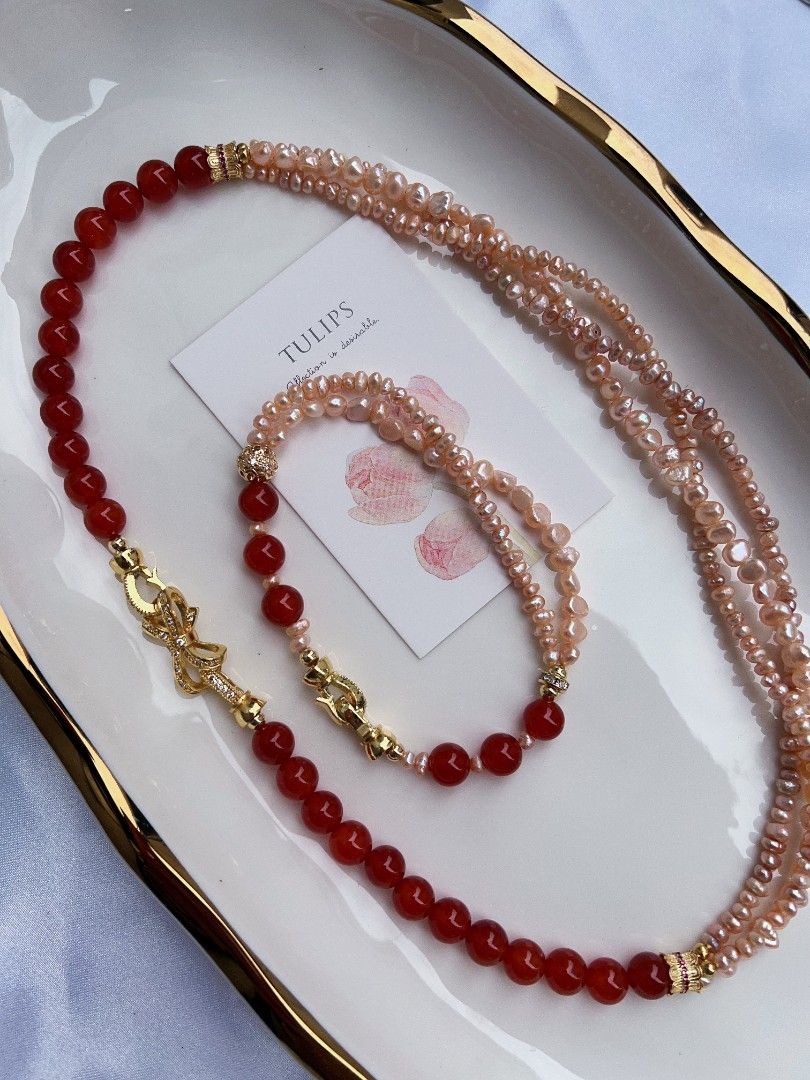 #PN1171 Freshwater Pearl Necklace & Bracelet & Earrings Set| 2-3 layers | Red Agate| Can Connect to Wear| Champagne Color Pearls| Jewelry Set Gift 🎁