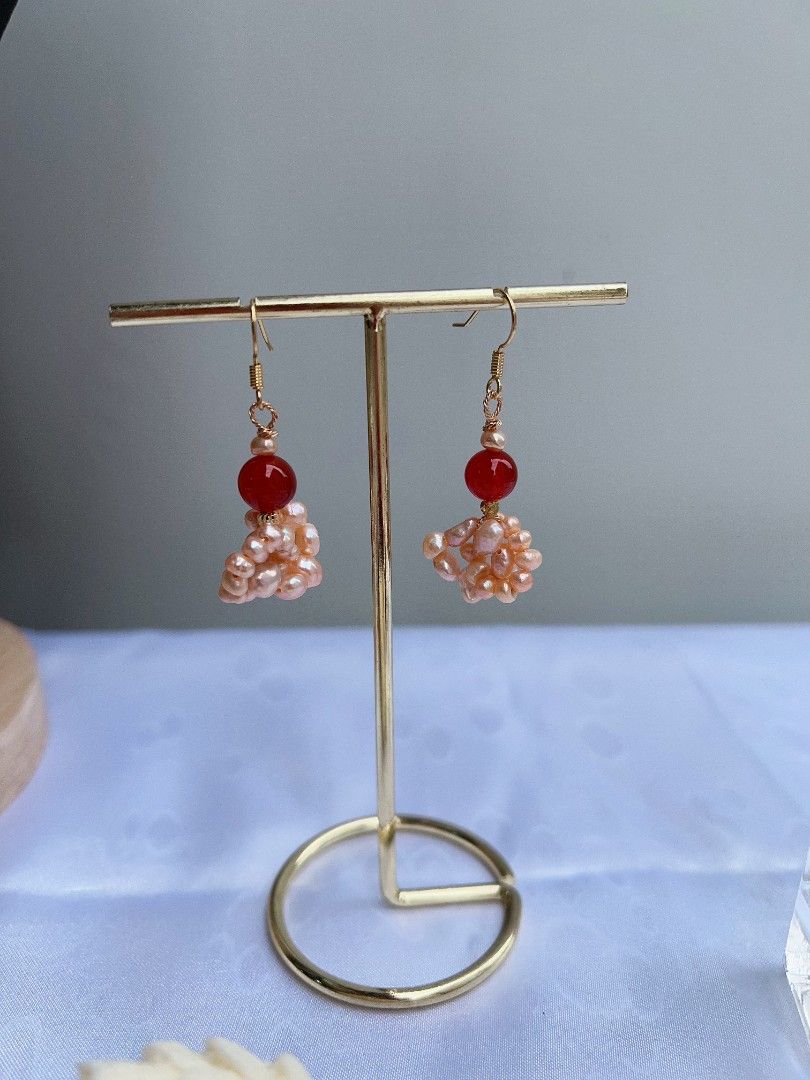 #PN1171 Freshwater Pearl Necklace & Bracelet & Earrings Set| 2-3 layers | Red Agate| Can Connect to Wear| Champagne Color Pearls| Jewelry Set Gift 🎁