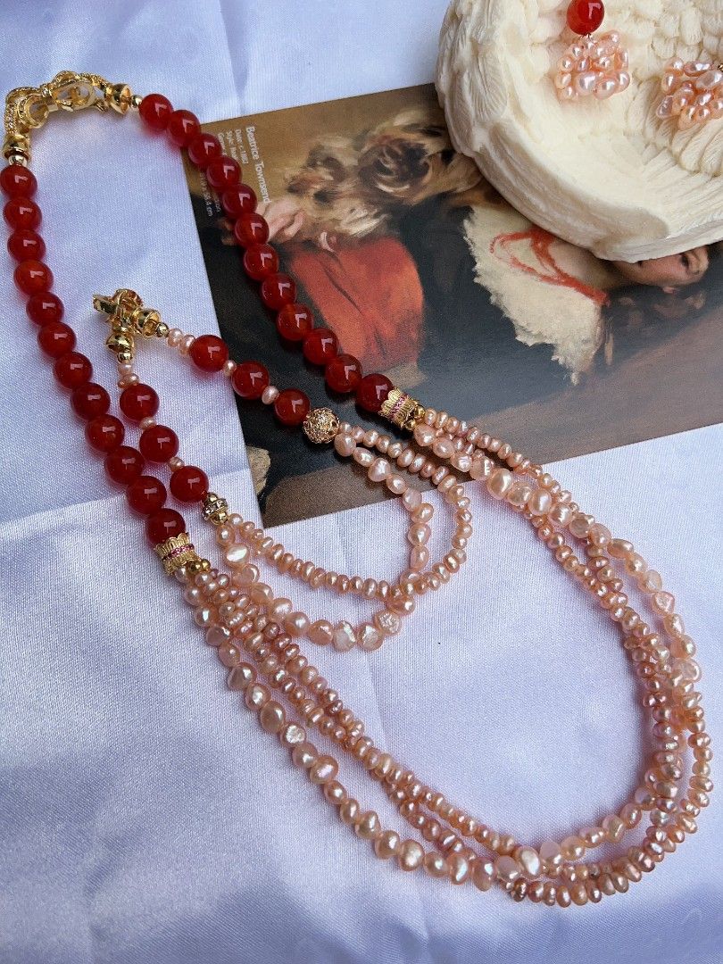 #PN1171 Freshwater Pearl Necklace & Bracelet & Earrings Set| 2-3 layers | Red Agate| Can Connect to Wear| Champagne Color Pearls| Jewelry Set Gift 🎁