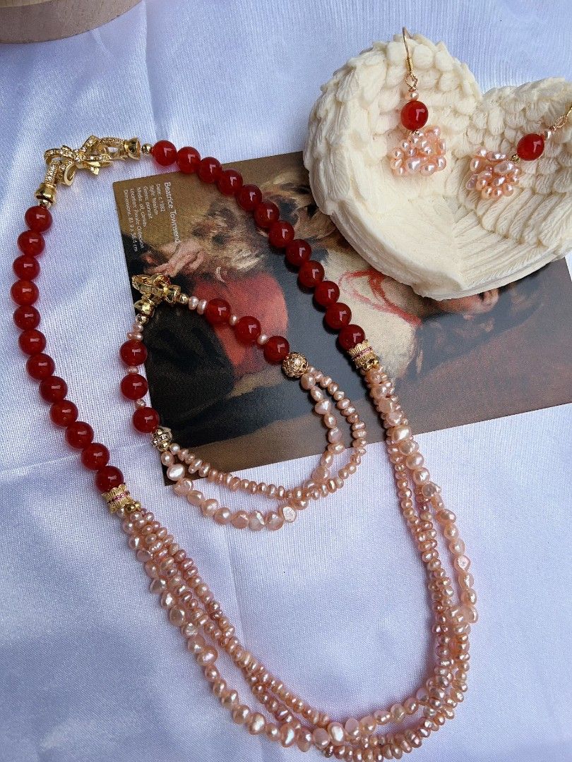 #PN1171 Freshwater Pearl Necklace & Bracelet & Earrings Set| 2-3 layers | Red Agate| Can Connect to Wear| Champagne Color Pearls| Jewelry Set Gift 🎁