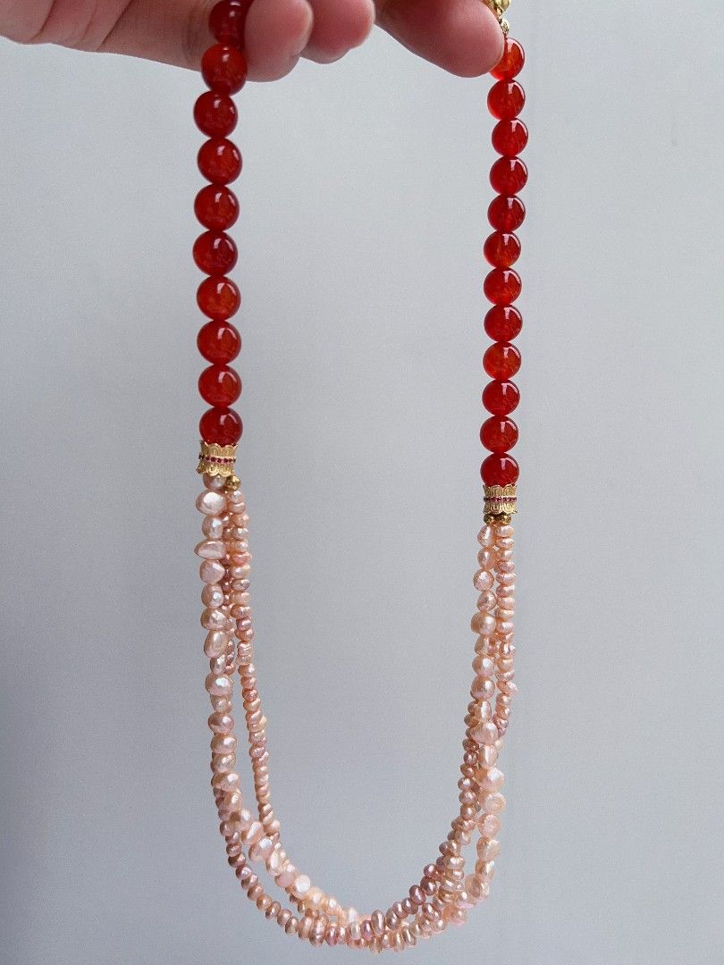 #PN1171 Freshwater Pearl Necklace & Bracelet & Earrings Set| 2-3 layers | Red Agate| Can Connect to Wear| Champagne Color Pearls| Jewelry Set Gift 🎁
