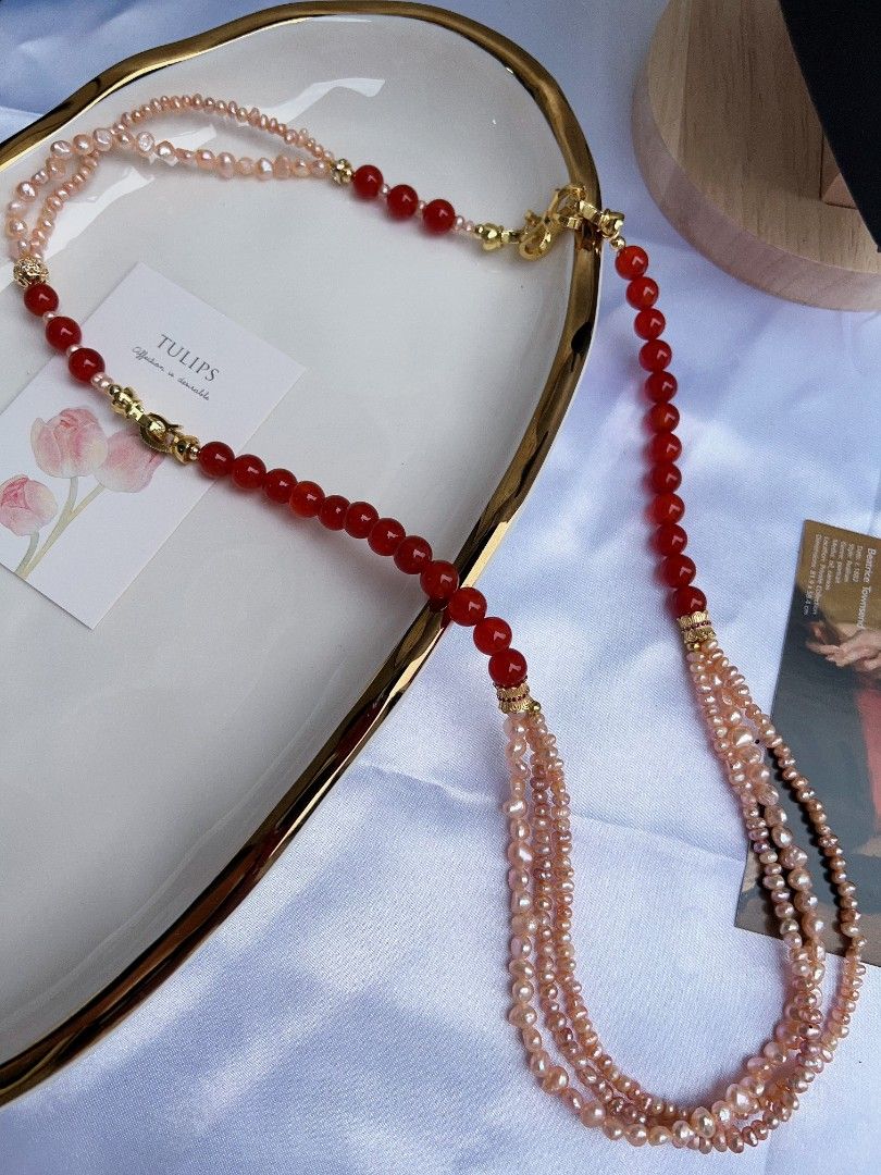 #PN1171 Freshwater Pearl Necklace & Bracelet & Earrings Set| 2-3 layers | Red Agate| Can Connect to Wear| Champagne Color Pearls| Jewelry Set Gift 🎁