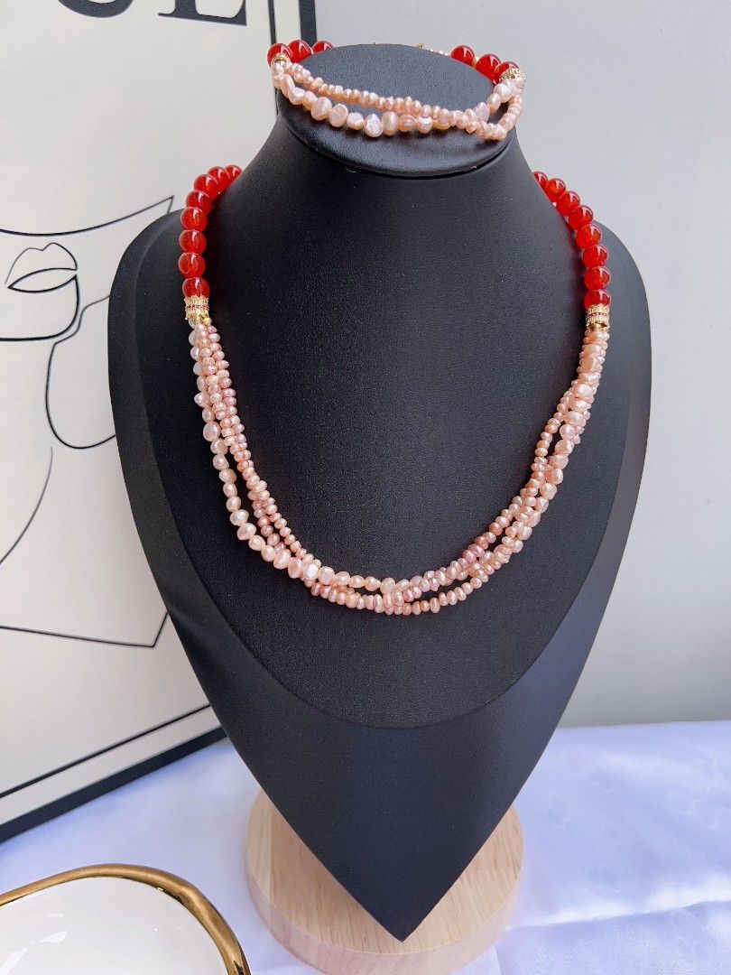 #PN1171 Freshwater Pearl Necklace & Bracelet & Earrings Set| 2-3 layers | Red Agate| Can Connect to Wear| Champagne Color Pearls| Jewelry Set Gift 🎁