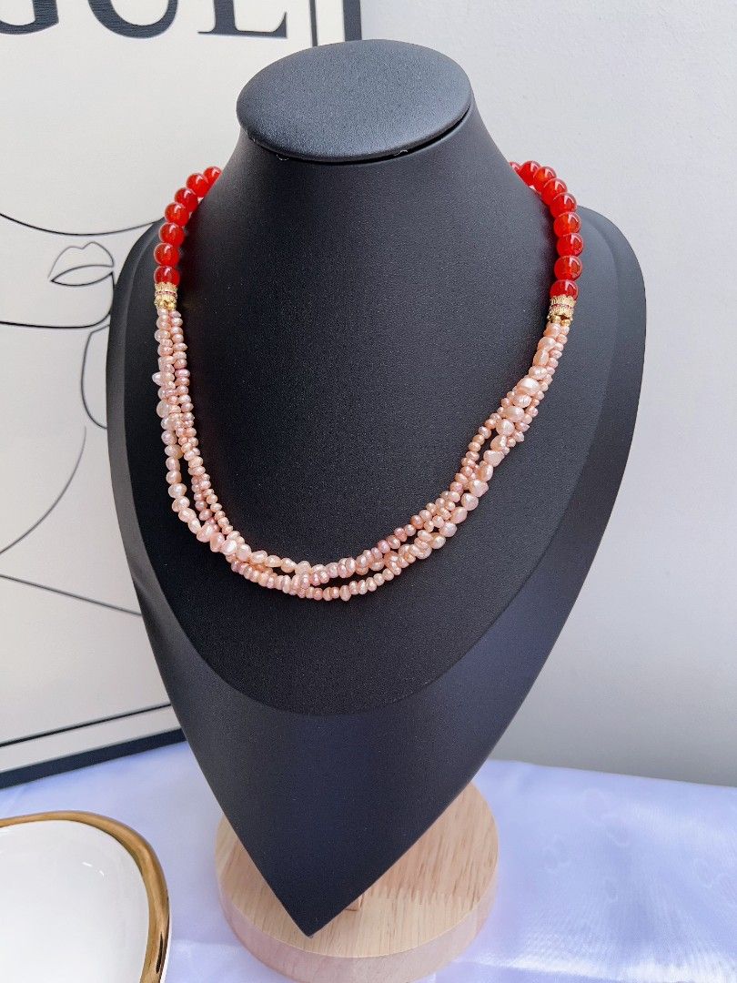 #PN1171 Freshwater Pearl Necklace & Bracelet & Earrings Set| 2-3 layers | Red Agate| Can Connect to Wear| Champagne Color Pearls| Jewelry Set Gift 🎁