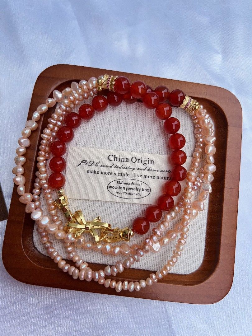 #PN1171 Freshwater Pearl Necklace & Bracelet & Earrings Set| 2-3 layers | Red Agate| Can Connect to Wear| Champagne Color Pearls| Jewelry Set Gift 🎁