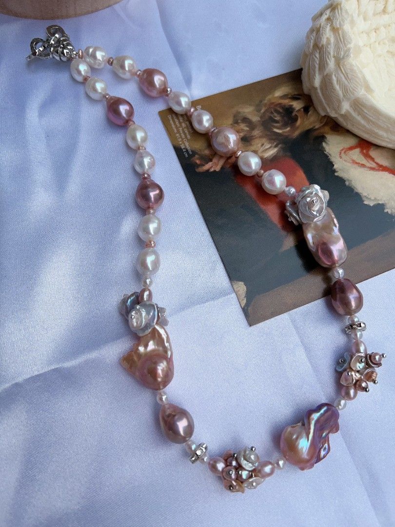 #PN1172 [Floral Series] Freshwater Pearl Necklace| Purple Fishtail Baroque Pearl| Lustrous| Colorful Petals| Natural Flaws| Christmas Gift 🌻