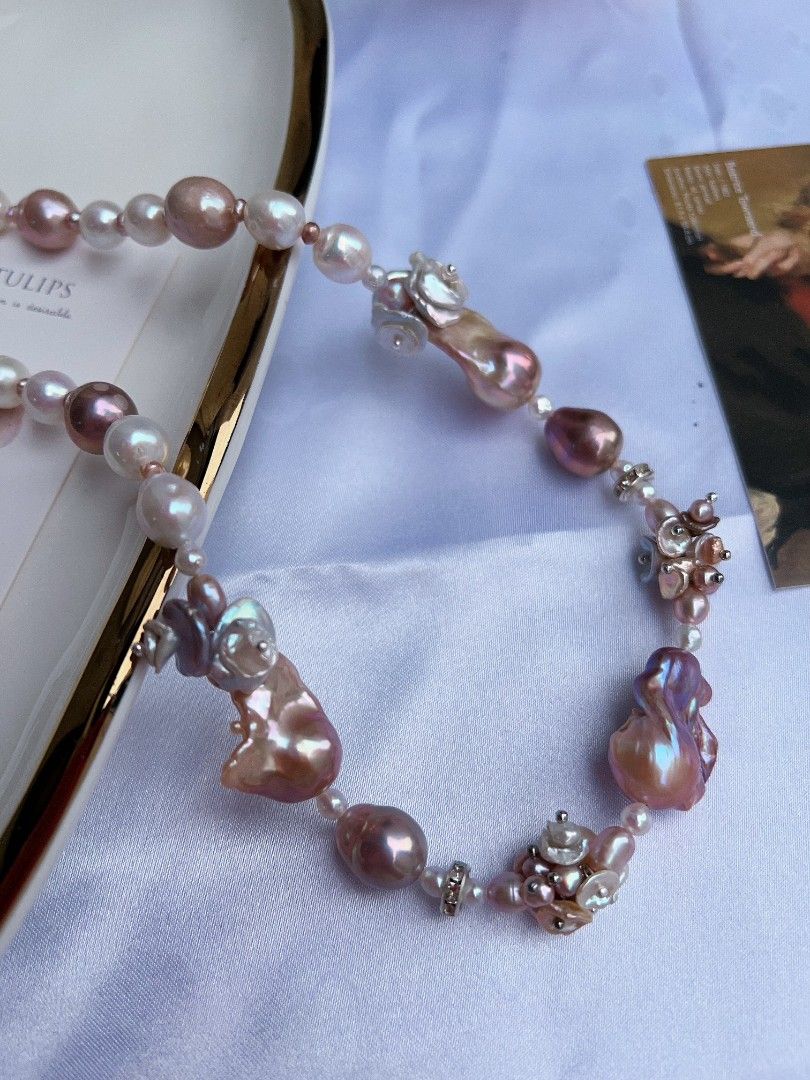 #PN1172 [Floral Series] Freshwater Pearl Necklace| Purple Fishtail Baroque Pearl| Lustrous| Colorful Petals| Natural Flaws| Christmas Gift 🌻